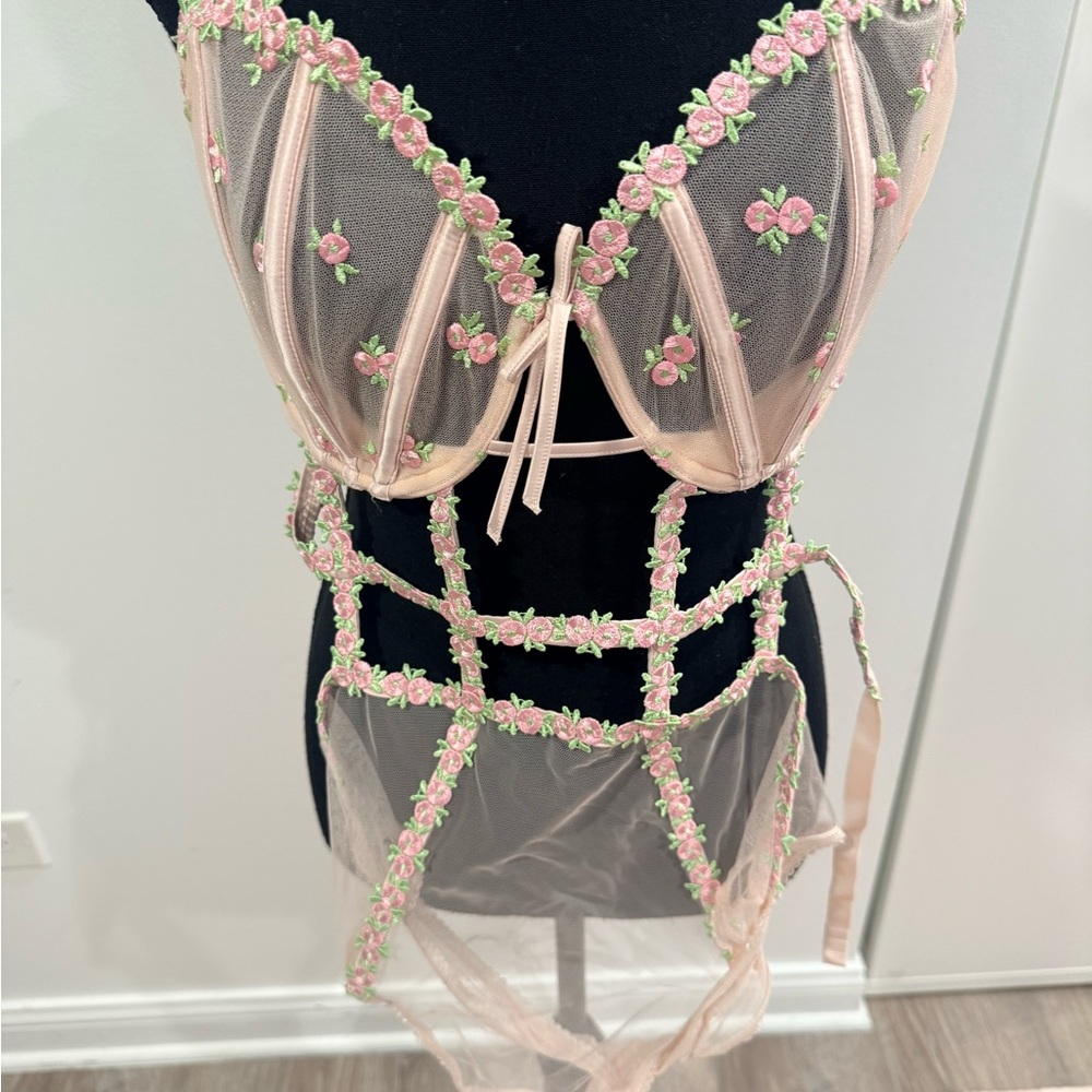Victoria's Secret Pink Floral Embroidered Sheer Mesh Bodysuit with Green Accents